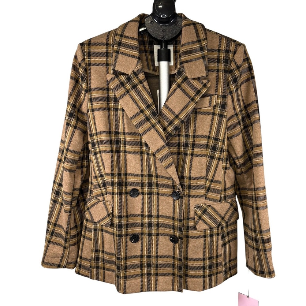 Avec Les Filles Womens Beige Plaid Double Breasted Blazer Jacket Size M NEW‎